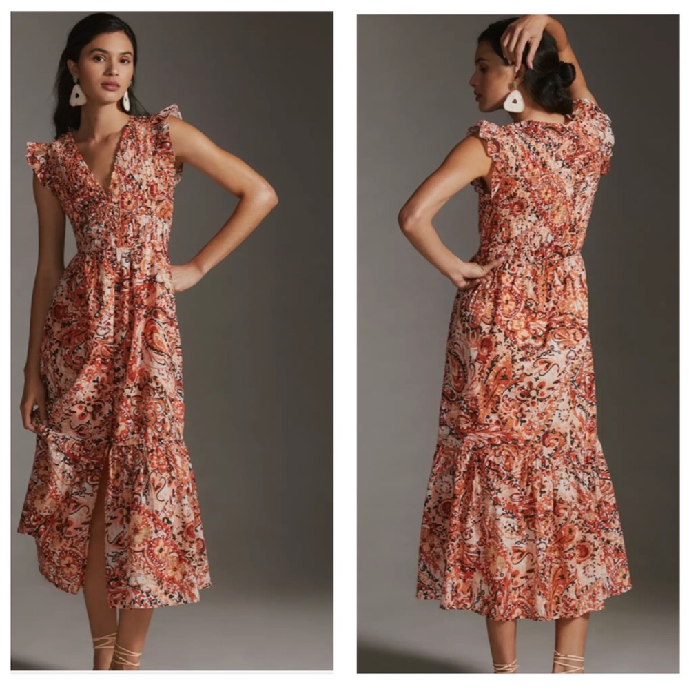 Anthropologie The Peregrine Brown Motif smocked midi dress XS NWT